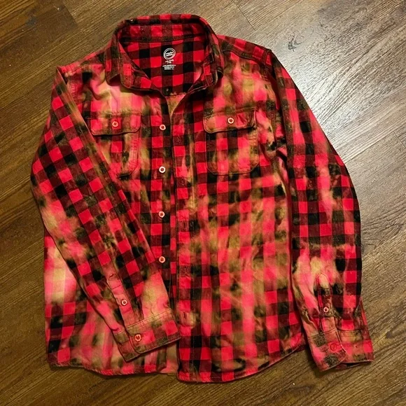 ⭐️Wonder Nation Juniors Red Black Custom Bleached Plaid Button Flannel Size XXL - Picture 1 of 8
